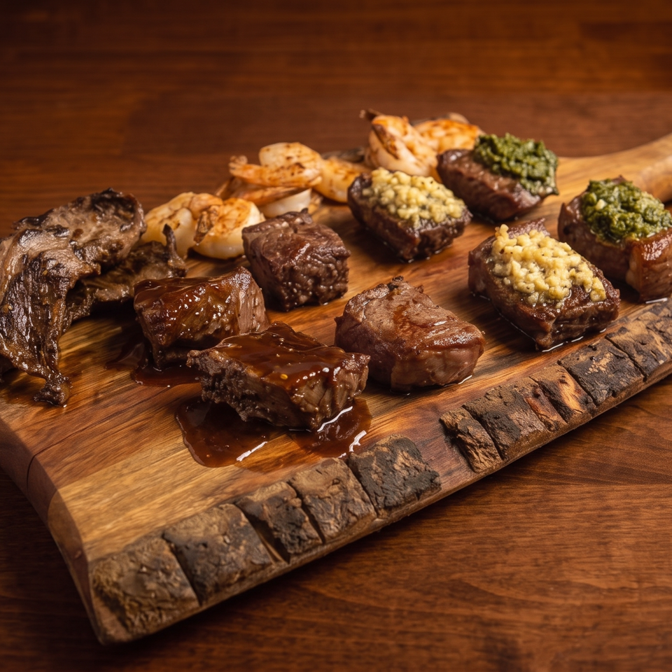 Assortment of grilled meats, shrimp, and sauced steak bites served on a rustic wooden board.