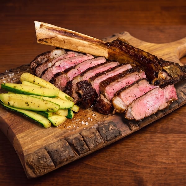 Sliced medium-rare bone-in steak with grilled zucchini on a rustic wooden serving board.