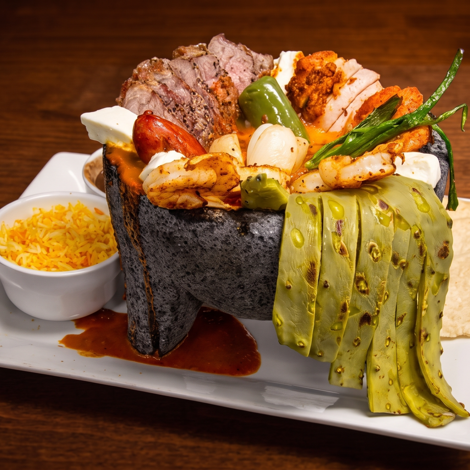 Mixed grilled meats, shrimp, vegetables, pickles, rice, tortillas, and sauce served on a white platter.