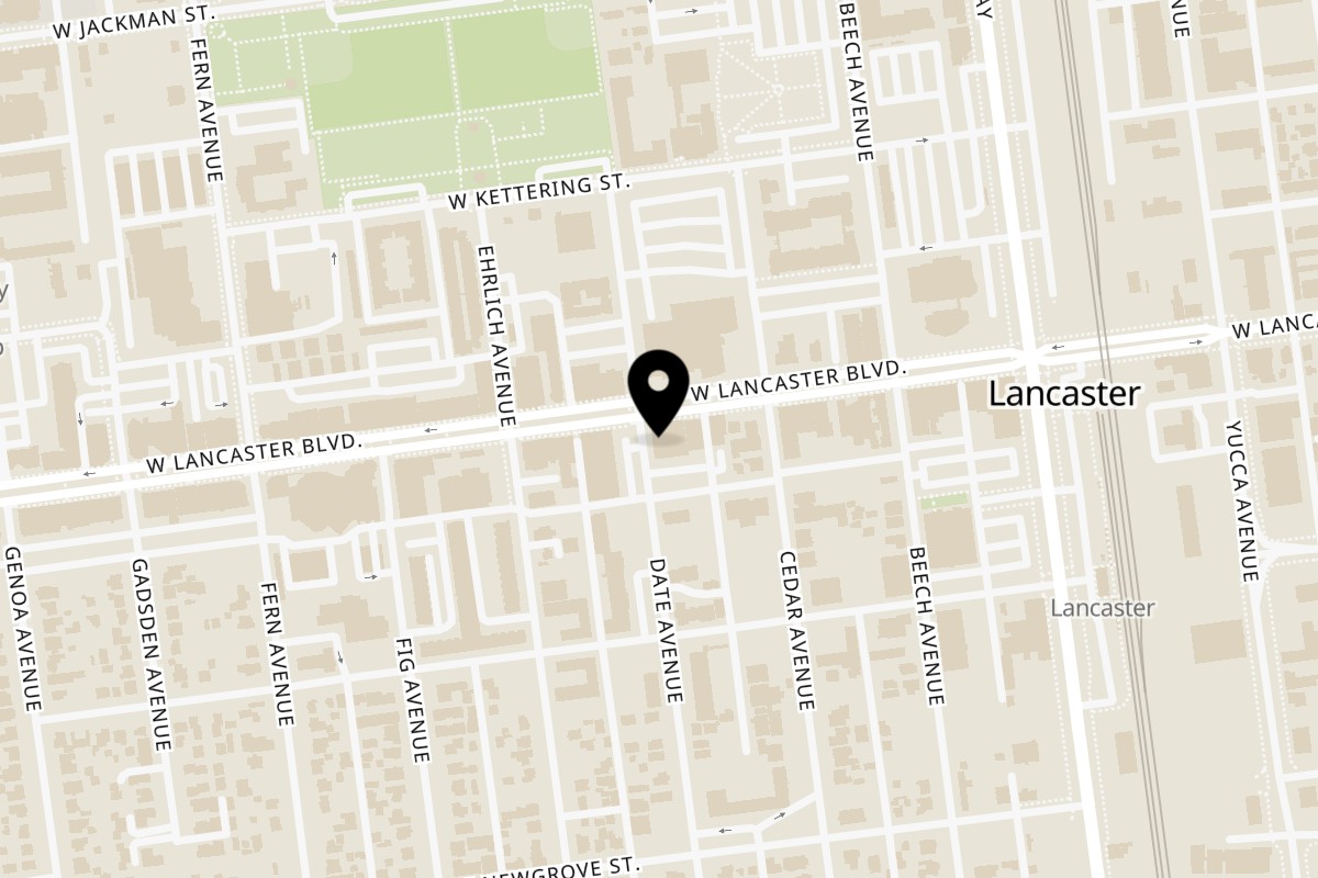 Map showing the location of Rio Brazilian Grill on 628 W Lancaster Blvd in Lancaster